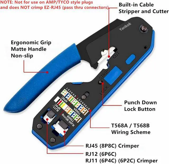 Alt view image 2 of 7 - Yankok [RJ45 RJ12 RJ11 Modular Crimper] for CAT5/5e CAT6 Network Connectors CAT6a CAT7 Shielded Plugs Strip Cut Crimp Tool Blue Handle (Come with 5x Network Connectors)