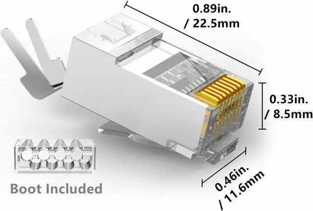 Alt view image 2 of 7 - Yankok [CAT7 Pass Through Connectors] 100 Pcs 3U Gold Plated with Boots Strain Relief Shielded RJ45 Plugs for CAT6a CAT7 Solid and Stranded Cables