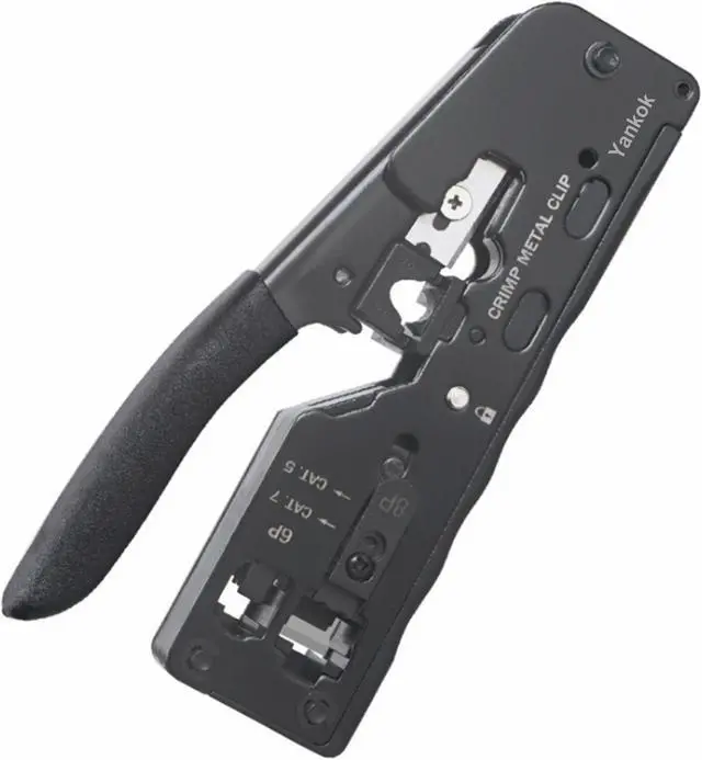 Main image of Yankok [All-in-One Pass Through Crimper] Crimps RJ45 Pass-Thru and RJ12 RJ11 Standard Shielded and Unshielded Network Connectors Strips and Cuts CAT5/5e CAT6 CAT6a CAT7 Ethernet Cables Black