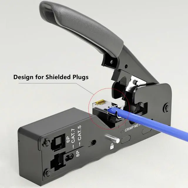 Alt view image 4 of 7 - Yankok [All-in-One Pass Through Crimper] Crimps RJ45 Pass-Thru and RJ12 RJ11 Standard Shielded and Unshielded Network Connectors Strips and Cuts CAT5/5e CAT6 CAT6a CAT7 Ethernet Cables Black