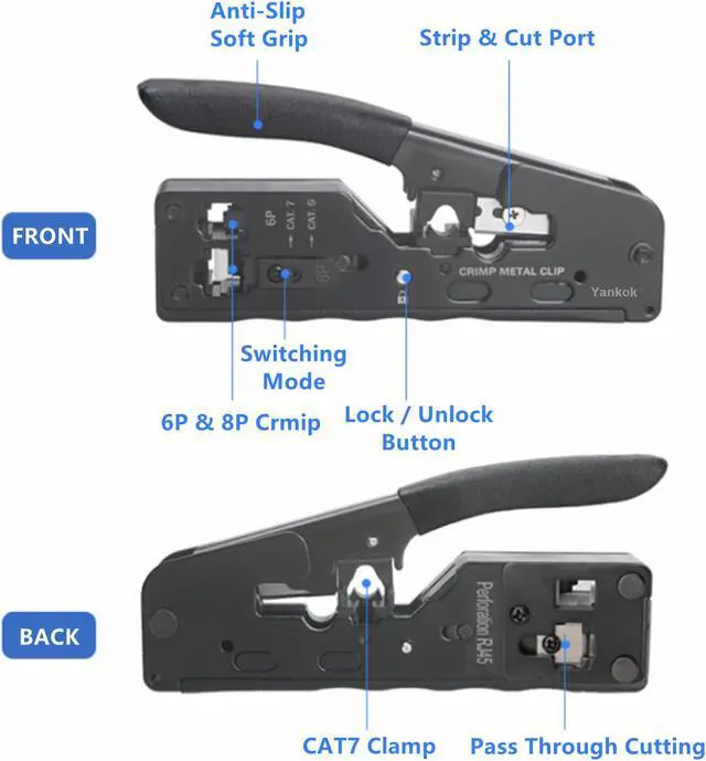 Alt view image 2 of 7 - Yankok [All-in-One Pass Through Crimper] Crimps RJ45 Pass-Thru and RJ12 RJ11 Standard Shielded and Unshielded Network Connectors Strips and Cuts CAT5/5e CAT6 CAT6a CAT7 Ethernet Cables Black