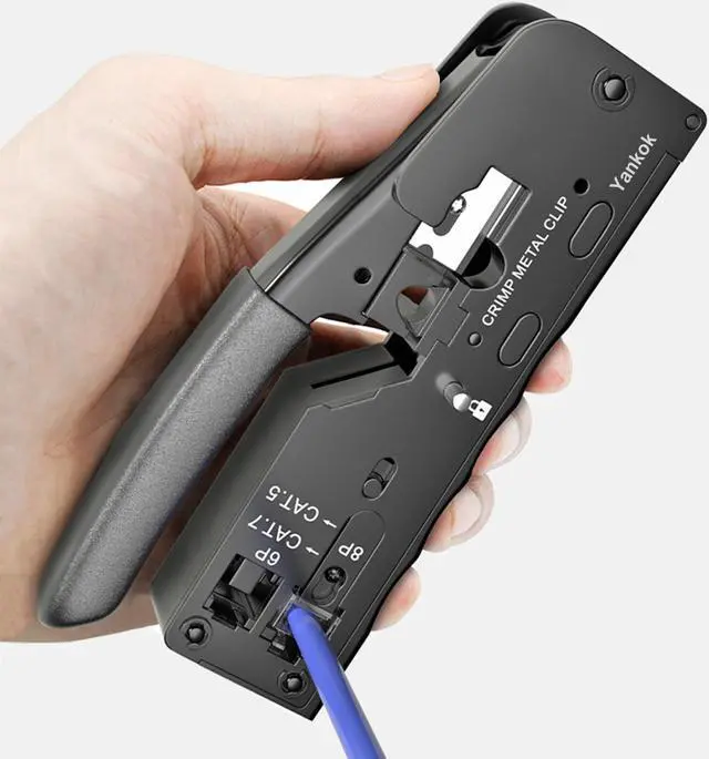 Alt view image 3 of 7 - Yankok [All-in-One Pass Through Crimper] Crimps RJ45 Pass-Thru and RJ12 RJ11 Standard Shielded and Unshielded Network Connectors Strips and Cuts CAT5/5e CAT6 CAT6a CAT7 Ethernet Cables Black