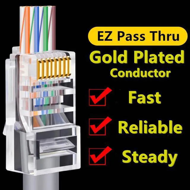 Alt view image 5 of 7 - Yankok [RJ45 CAT6 Pass-Through Connectors 8P8C Gold Plated 3-Prong Pins for Cat6 Ethernet Cables Easy and Fast Termination Unshielded Pack of 100