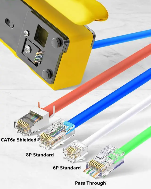 Alt view image 3 of 7 - Yankok [All-in-One Pass Through Crimper] Crimps RJ45 Pass-Thru and RJ12 RJ11 Standard CAT5/5e CAT6 Unshielded and CAT6a CAT7 Shielded Network Connectors Strips and Cuts Ethernet Cables Yellow