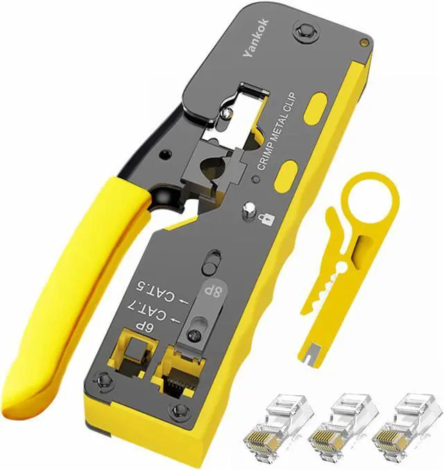 Main image of Yankok [All-in-One Pass Through Crimper] Crimps RJ45 Pass-Thru and RJ12 RJ11 Standard CAT5/5e CAT6 Unshielded and CAT6a CAT7 Shielded Network Connectors Strips and Cuts Ethernet Cables Yellow