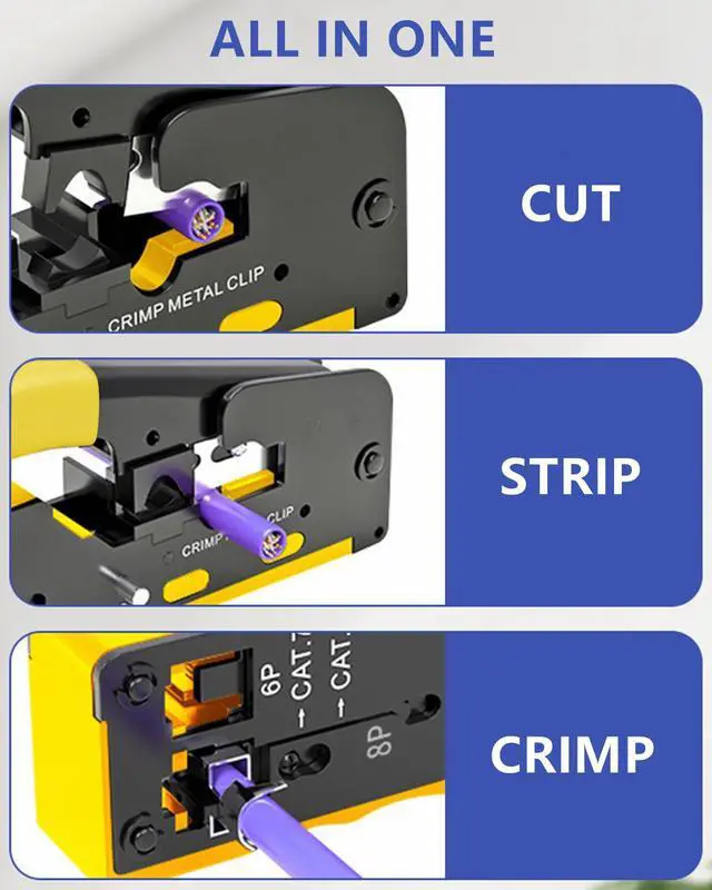Alt view image 4 of 7 - Yankok [All-in-One Pass Through Crimper] Crimps RJ45 Pass-Thru and RJ12 RJ11 Standard CAT5/5e CAT6 Unshielded and CAT6a CAT7 Shielded Network Connectors Strips and Cuts Ethernet Cables Yellow