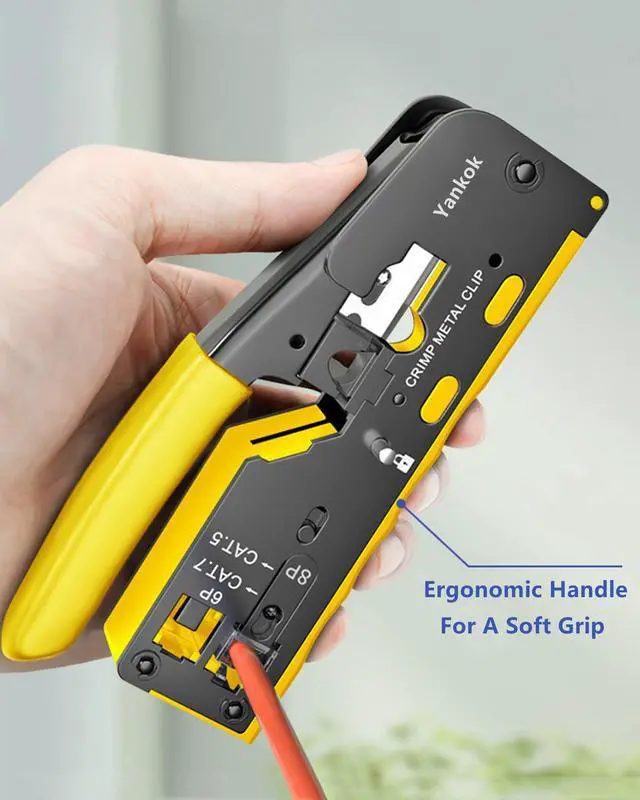 Alt view image 6 of 7 - Yankok [All-in-One Pass Through Crimper] Crimps RJ45 Pass-Thru and RJ12 RJ11 Standard CAT5/5e CAT6 Unshielded and CAT6a CAT7 Shielded Network Connectors Strips and Cuts Ethernet Cables Yellow