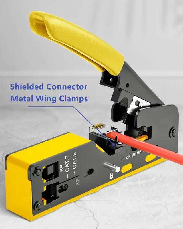 Alt view image 5 of 7 - Yankok [All-in-One Pass Through Crimper] Crimps RJ45 Pass-Thru and RJ12 RJ11 Standard CAT5/5e CAT6 Unshielded and CAT6a CAT7 Shielded Network Connectors Strips and Cuts Ethernet Cables Yellow