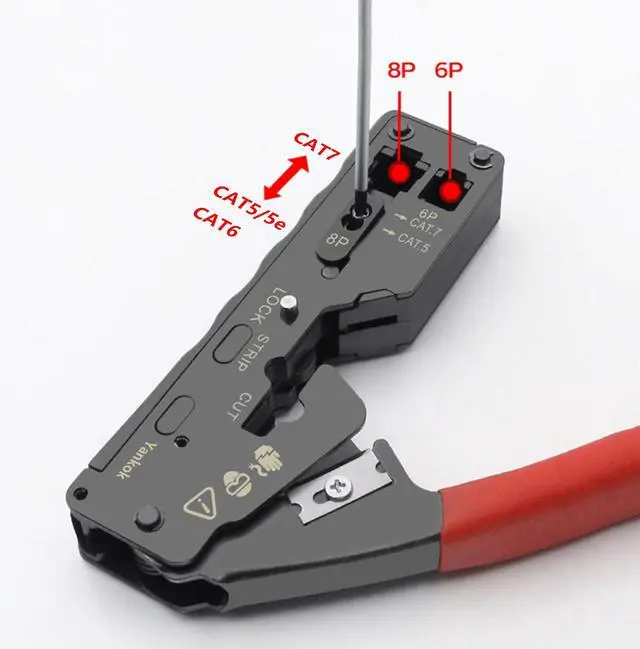 Alt view image 2 of 7 - Yankok [The Ultimate Pass Thru Crimper] Crimps RJ45 Pass Through RJ12 RJ11 Regular Network Connector and Strip Cut CAT5/5e CAT6/6a CAT7 Unshielded and Shielded Ethernet Cable Red Handle