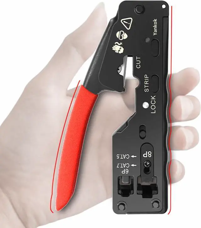 Alt view image 5 of 7 - Yankok [The Ultimate Pass Thru Crimper] Crimps RJ45 Pass Through RJ12 RJ11 Regular Network Connector and Strip Cut CAT5/5e CAT6/6a CAT7 Unshielded and Shielded Ethernet Cable Red Handle
