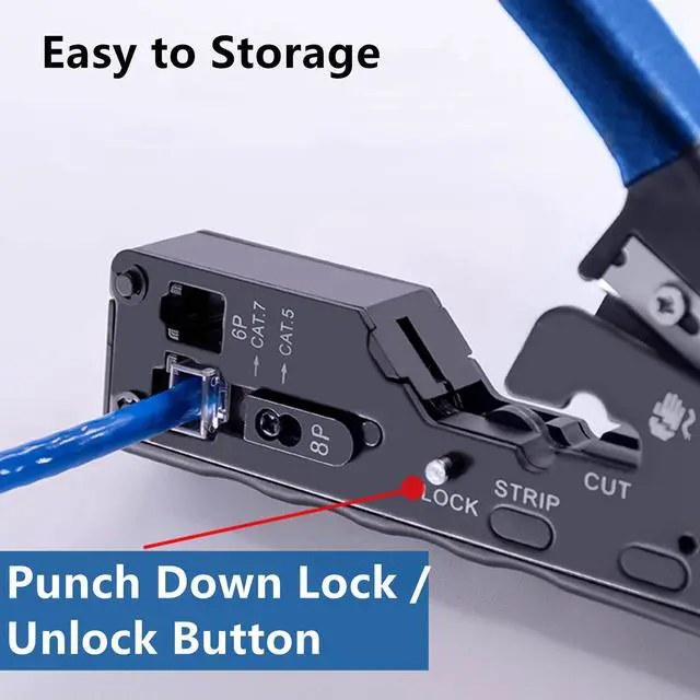 Alt view image 7 of 7 - Yankok [The Ultimate Pass Thru Crimper] Crimps RJ45 Pass Through RJ12 RJ11 Regular Network Connector and Strip Cut CAT5/5e CAT6/6a CAT7 Unshielded and Shielded Ethernet Cable Blue Handle