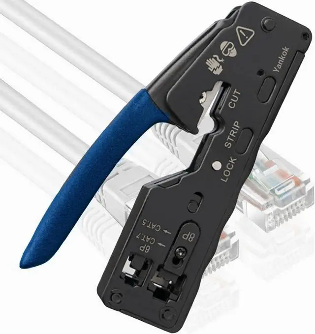 Alt view image 2 of 7 - Yankok [The Ultimate Pass Thru Crimper] Crimps RJ45 Pass Through RJ12 RJ11 Regular Network Connector and Strip Cut CAT5/5e CAT6/6a CAT7 Unshielded and Shielded Ethernet Cable Blue Handle