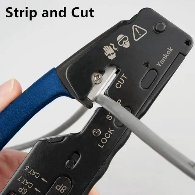 Alt view image 4 of 7 - Yankok [The Ultimate Pass Thru Crimper] Crimps RJ45 Pass Through RJ12 RJ11 Regular Network Connector and Strip Cut CAT5/5e CAT6/6a CAT7 Unshielded and Shielded Ethernet Cable Blue Handle