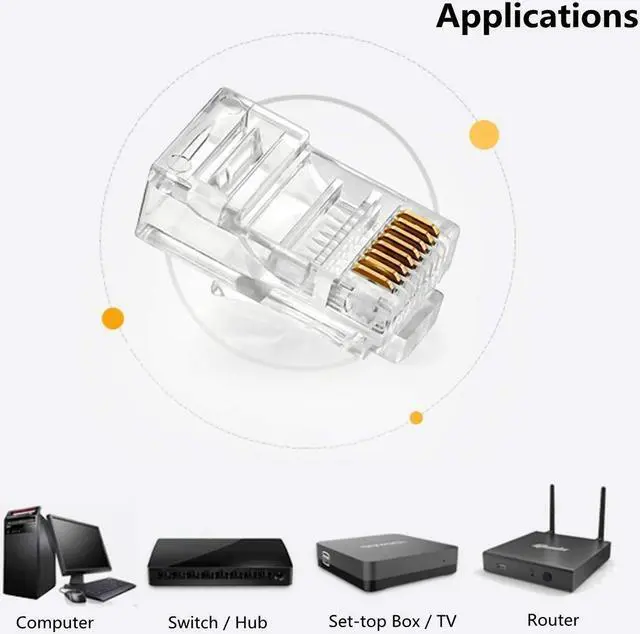 Alt view image 6 of 7 - Yankok [RJ45 CAT5e Pass-Through Connectors] 8P8C Gold Plated 3-Prong Pins for Cat5 Cat5e Ethernet Cables Easy and Fast Termination Unshielded Pack of 100