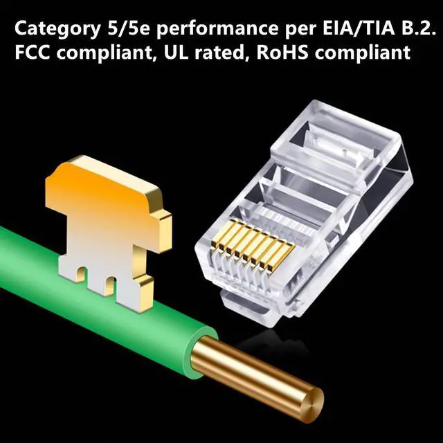 Alt view image 4 of 7 - Yankok [RJ45 CAT5e Pass-Through Connectors] 8P8C Gold Plated 3-Prong Pins for Cat5 Cat5e Ethernet Cables Easy and Fast Termination Unshielded Pack of 100