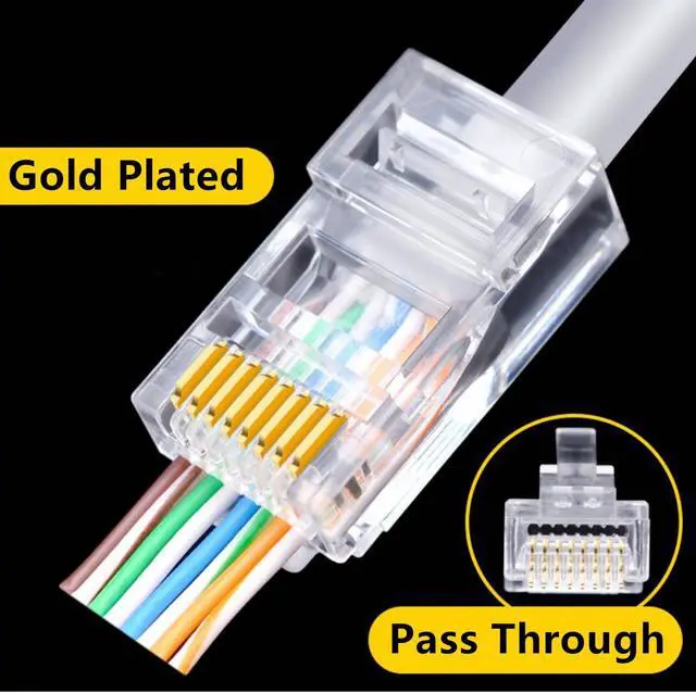 Alt view image 3 of 7 - Yankok [RJ45 CAT5e Pass-Through Connectors] 8P8C Gold Plated 3-Prong Pins for Cat5 Cat5e Ethernet Cables Easy and Fast Termination Unshielded Pack of 100