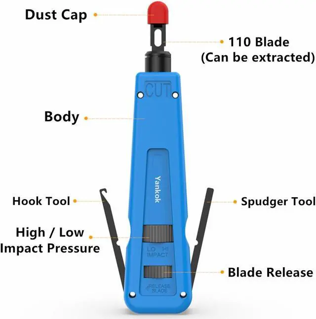Alt view image 6 of 7 - Yankok [HT914B Impact Punch Down Tool] with 110/88 Blade Swing-out Hook and Spudger Adjustable Impact Force Settings (Lo/Hi) Insert, Cut and Terminates Cable Into Patch Panels or Keystone Jack