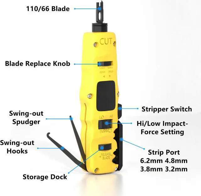 Alt view image 2 of 7 - Yankok [374AP Impact Punch Down Tool] with 110/88 110/66 Blades and Removable Double Ended Screwdriver, Swing-out Hook and Spudger, Built-in Cable Stripper, Inserts and Terminates All in One