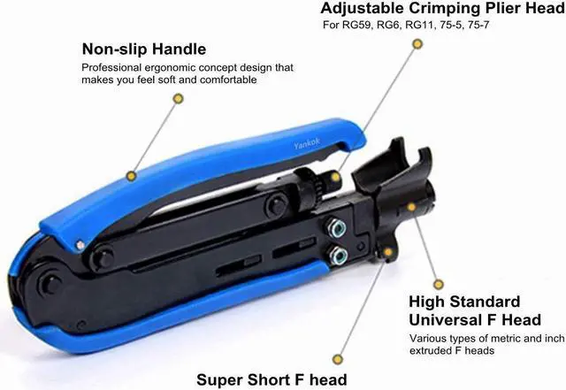 Alt view image 3 of 7 - Yankok [Coaxial Cable Compression Tool Kit] with Coax Crimper, Cable Striper Cutter and 20 Pcs F-Type Compression Connectors for RG6 RG11 RG59 F81 BNC RCA Crimp Tool