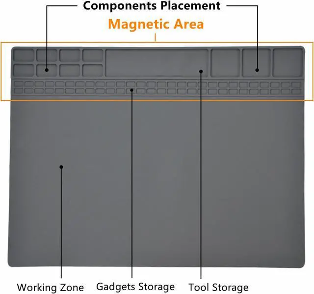 Alt view image 3 of 6 - Yankok [Magnetic Anti-Static Mat Gray 15.8 x 11.8 in.] Table Desk ESD Grounding Mats Silicone Solder Pad Electronics Repair Platform with Screw Notches (40 x 30 cm, Heat Resistant, Magnetic Organizer)