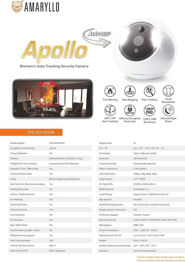 Alt view image 3 of 13 - Amaryllo Apollo: 360° Wireless Security Camera with 256-bit Military Grade Encryption, 1080p Night Vision, PTZ, 2-Way Audio, Unlimited Cloud storage, Motion Detection, Phone App, Human voice greeting