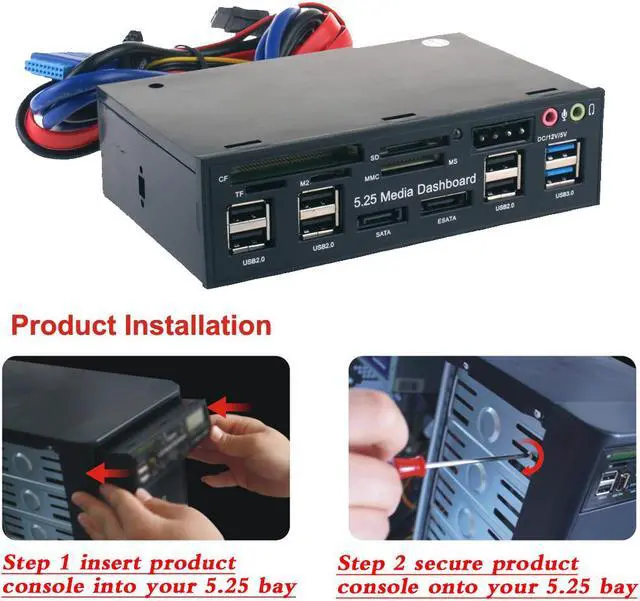 Alt view image 5 of 7 - Multi-Function 5.25 Bay USB 3.0 Hub eSATA,Sata Front Panel,
 SATA Port Internal Card Reader PC Dashboard Media Front Panel Audio for SD MS CF TF M2 MMC Memory Cards Fits 5.25" Bay