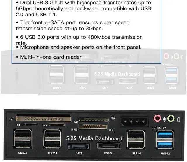 Alt view image 4 of 7 - Multi-Function 5.25 Bay USB 3.0 Hub eSATA,Sata Front Panel,
 SATA Port Internal Card Reader PC Dashboard Media Front Panel Audio for SD MS CF TF M2 MMC Memory Cards Fits 5.25" Bay