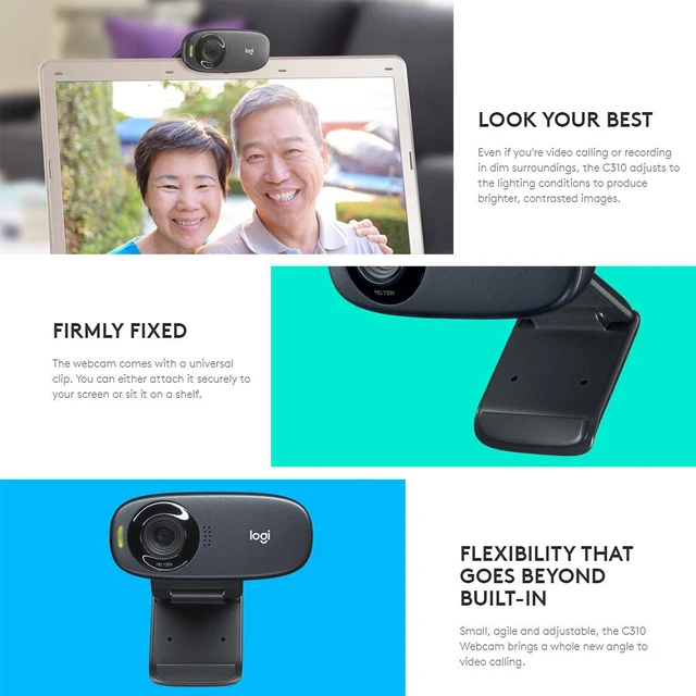 Alt view image 5 of 7 - Logitech C310 HD Webcam 720P Video Call Web Cam Desktop Laptop Monitor Webcam Widescreen Web Camera With Noise-Reducing Mic Clip For Window 7 8 10