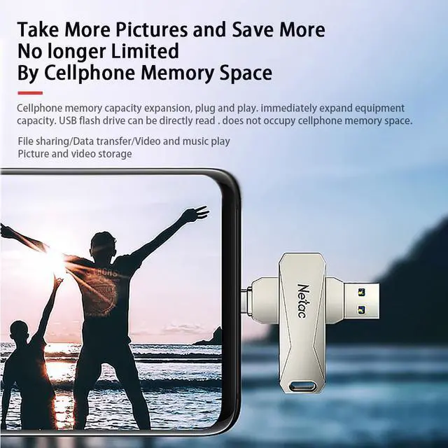 Alt view image 4 of 7 - Netac U782C 128GB Type-C + USB Double Interface Flash Drive Plug & Play Mobile Phone Memory Expansion U Disk Silver