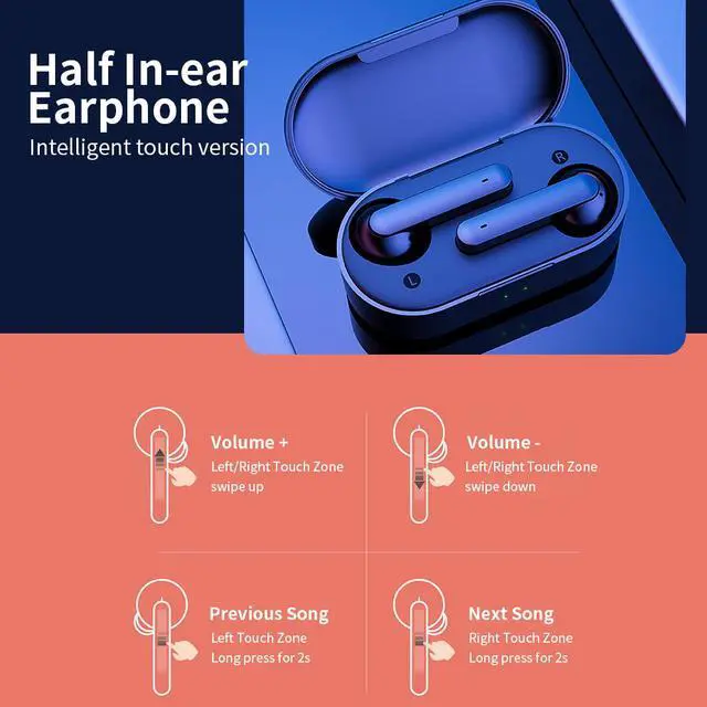 Alt view image 5 of 7 - QCY T3 HiFi BT 5.0 Wireless Earphone Half In-ear Headphone Outdoor Headset Black Noise Reduction With 500mAh Charging Case Black