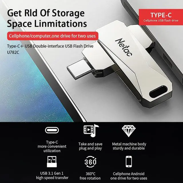 Alt view image 2 of 7 - Netac U782C 128GB Type-C + USB Double Interface Flash Drive Plug & Play Mobile Phone Memory Expansion U Disk Silver