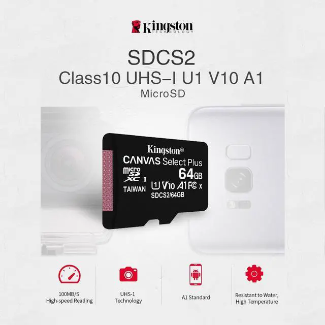 Alt view image 2 of 7 - Kingston 64GB 100MB/s SDCS2 Class10 UHS-1 U1 V10 A1 Micro SD TF Card Memory Card