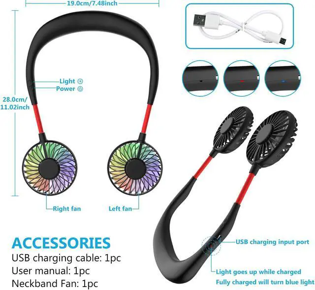 Alt view image 4 of 6 - Hand Free Personal Neck Fan - Portable Rechargeable USB Battery Mini Fan - Headphone Design Wearable Neckband Fan Necklance Fan Cooler Fan with Dual Wind Head for Traveling Outdoor Office Room