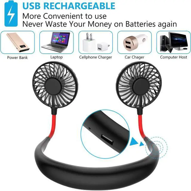 Alt view image 3 of 6 - Hand Free Personal Neck Fan - Portable Rechargeable USB Battery Mini Fan - Headphone Design Wearable Neckband Fan Necklance Fan Cooler Fan with Dual Wind Head for Traveling Outdoor Office Room
