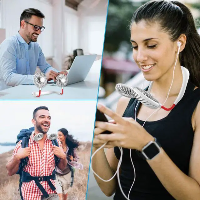 Alt view image 2 of 7 - Hand Free Personal Neck Fan - Portable Rechargeable USB Battery Mini Fan - Headphone Design Wearable Neckband Fan Necklance Fan Cooler Fan with Dual Wind Head for Traveling Outdoor Office Room