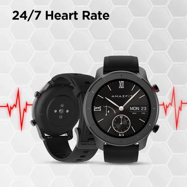 Alt view image 2 of 14 - Amazfit GTR Smartwatch, Classic Design, 24/7 Heart Rate Monitor, Music Control, GPS+GLONASS Enabled, 10-Day Battery Life, 12-Sport Modes, Water Resistant, 42mm, Starry Black
