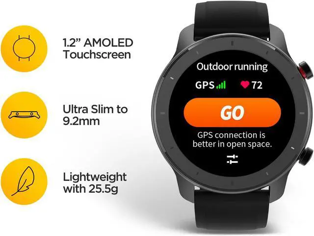 Alt view image 7 of 14 - Amazfit GTR Smartwatch, Classic Design, 24/7 Heart Rate Monitor, Music Control, GPS+GLONASS Enabled, 10-Day Battery Life, 12-Sport Modes, Water Resistant, 42mm, Starry Black