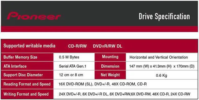 Alt view image 4 of 5 - Pioneer DVR-S21WBK/PLUS 24X SATA DVD/RW Dual Layer Burner Drive Writer - Black (Bulk)
