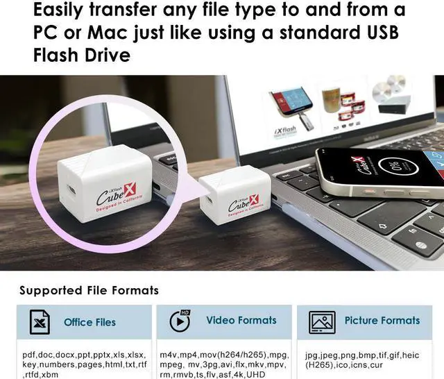 Alt view image 4 of 7 - PioData iXflash Cube 128GB Photo Storage Device Apple MFi Certified USB Type C with Quick Charge for iPhone & iPad, Auto Backup Photos & Videos