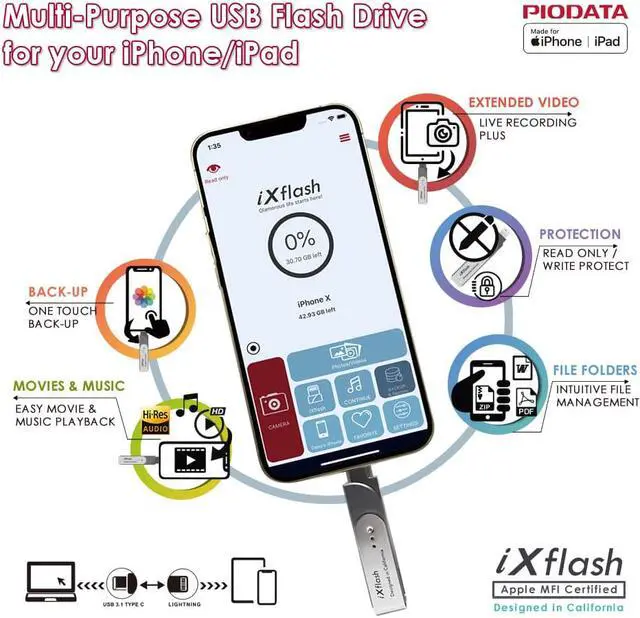 Alt view image 5 of 6 - PioData iXflash 1TB MFi Certified Flash Pen Drive for iPhone/iPad/Mac/PC USB 3.1 Type C Lightning External Storage Memory Photo Stick