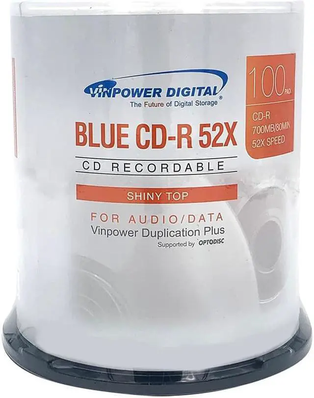 Main image of Vinpower Digital Blue AZO CD-R 700MB 52X Shiny Silver Top Recordable Media Disc - 100pk Cake Box 16M-115-BX (FFB), 100 Discs