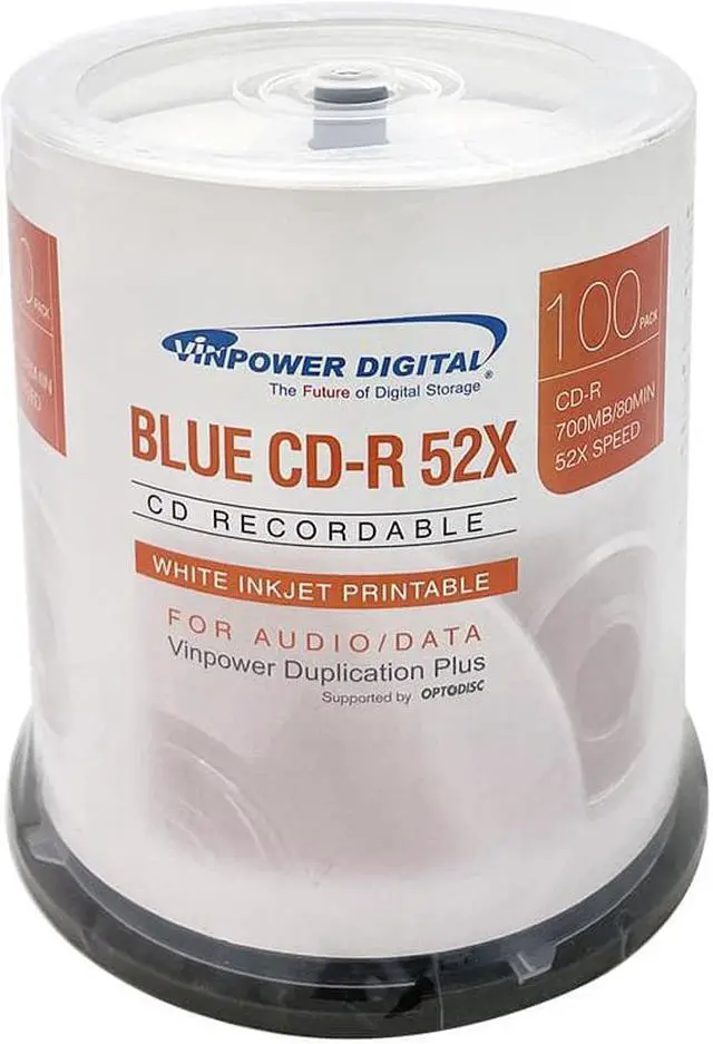 Main image of Vinpower Digital Blue AZO CD-R 700MB 52X White Inkjet Hub Printable Recordable Media Disc - 100pk Cake Box (FFB), 100 Discs