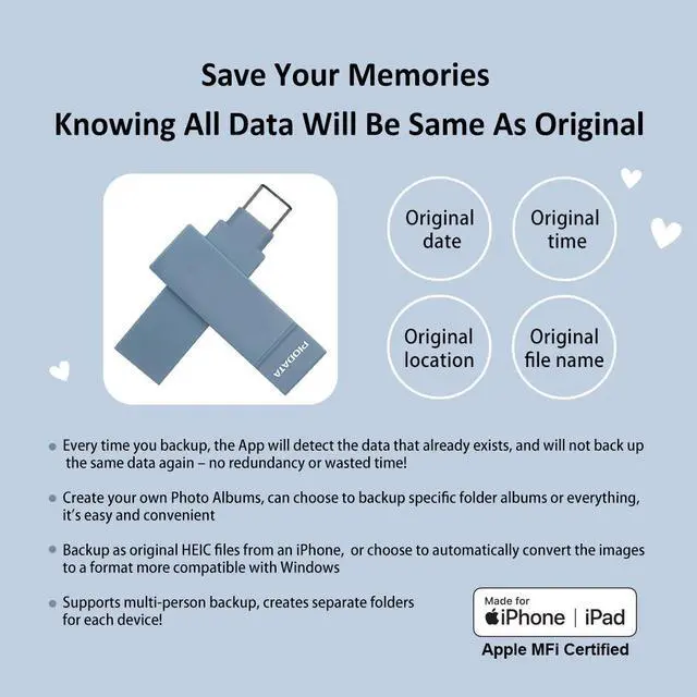 Alt view image 6 of 7 - PioData Apple MFi Certified iXflash 128GB Backup Flash Drive 2-in-1 USB for iPhone, iPad, and Computer, USB Type A & USB Type C,  Morandi Blue iPhone USB Storage Flash Drive, Photo Stick for iPhone
