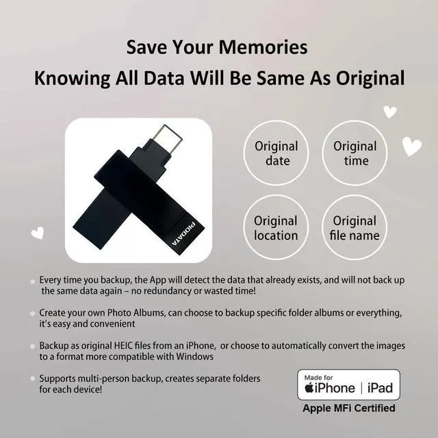 Alt view image 6 of 7 - PioData Apple MFi Certified iXflash 128GB Backup Flash Drive 2-in-1 USB for iPhone, iPad, and Computer, USB Type A & USB Type C, Black iPhone Photo Storage Stick, iPhone Flash Drive for Photos