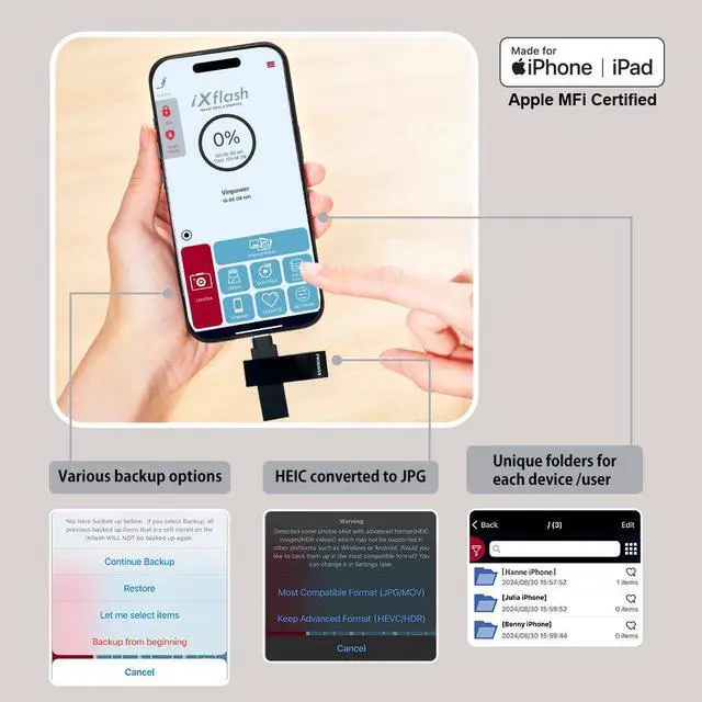 Alt view image 7 of 7 - PioData Apple MFi Certified iXflash 128GB Backup Flash Drive 2-in-1 USB for iPhone, iPad, and Computer, USB Type A & USB Type C, Black iPhone Photo Storage Stick, iPhone Flash Drive for Photos