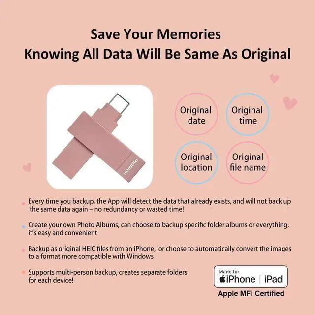 Alt view image 5 of 7 - PioData MFi Certified iXflash 512GB Backup Flash Drive 2-in-1 USB for iPhone, iPad, and Computer, USB Type A & USB Type C, Morandi Pink, iPhone USB Storage Flash Drive, External Hard Drive for iPhone