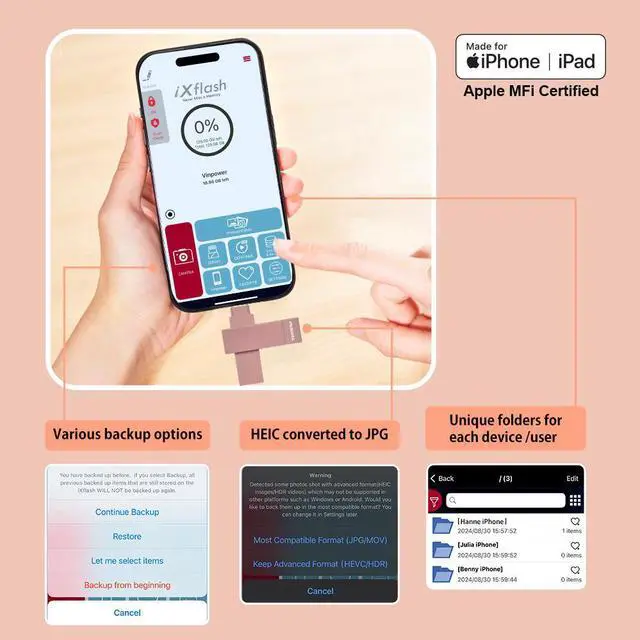 Alt view image 7 of 7 - PioData MFi Certified iXflash 1TB Backup Flash Drive 2-in-1 USB for iPhone, iPad, and Computer, USB Type A & USB Type C, Morandi Pink, iPhone USB Storage Flash Drive, External Hard Drive for iPhone