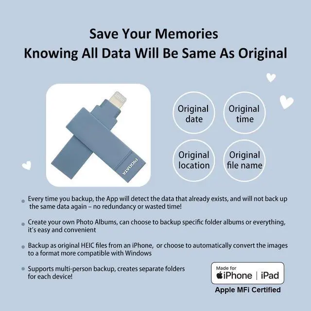 Alt view image 6 of 7 - PioData Apple MFi Certified Morandi Blue iXflash 128GB Backup Flash Drive 2-in-1 USB for iPhone, iPad, and Computer, USB Type A & Lightning, Best Photo Stick for iPhone Photo Transfer and Storage