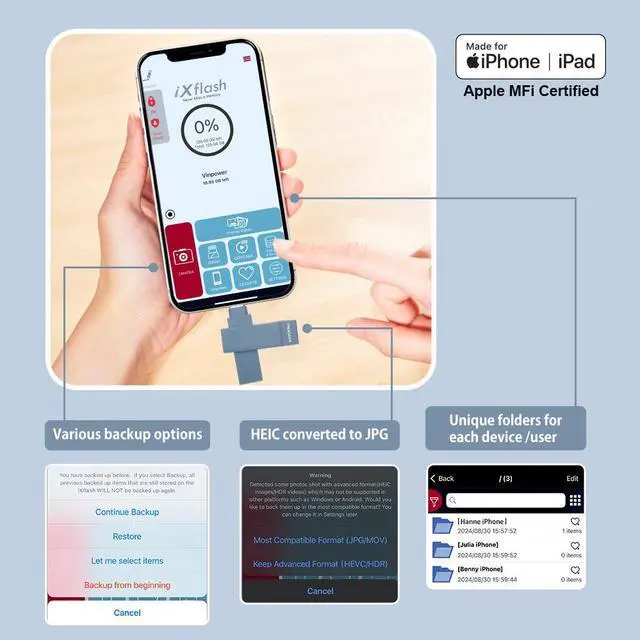 Alt view image 7 of 7 - PioData Apple MFi Certified Morandi Blue iXflash 128GB Backup Flash Drive 2-in-1 USB for iPhone, iPad, and Computer, USB Type A & Lightning, Best Photo Stick for iPhone Photo Transfer and Storage