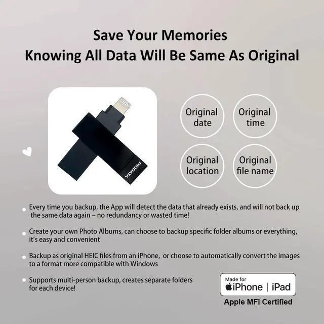 Alt view image 6 of 7 - PioData Apple MFi Certified iXflash 128 GB Backup Photo Stick 2-in-1 USB Type A & Lightning, USB for iPhone, iPad, External Photo Storage for iPhone and Computer, Black
